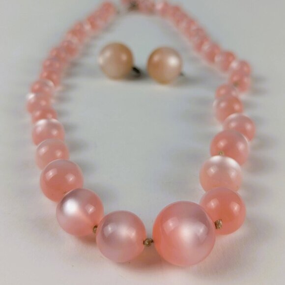 Vintage Light Pink Moonglow Necklace + Earring Set - Picture 2 of 5